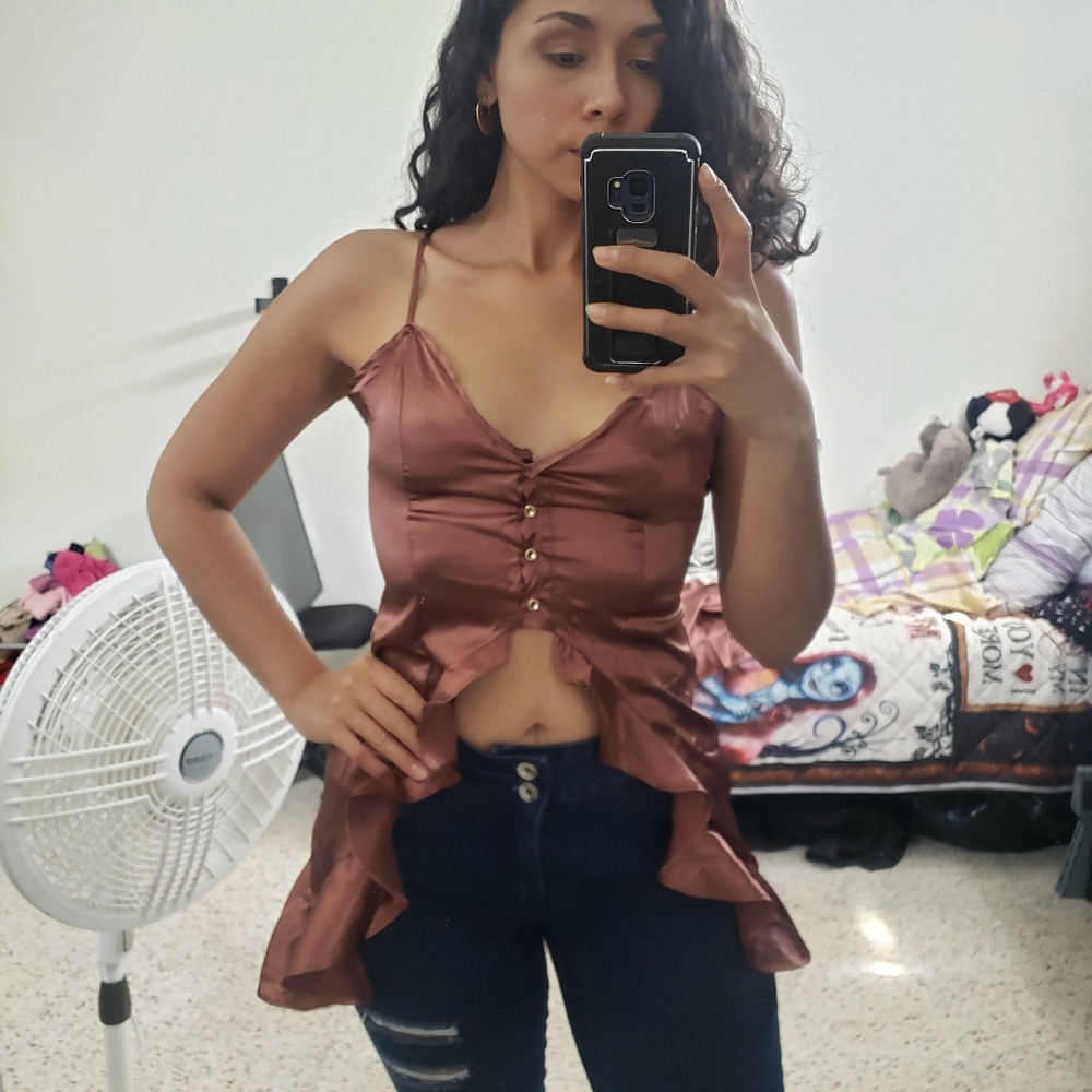 Fashion nova-High Low Bronze Satin Ruffle …